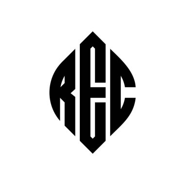 Çember ve elips şekilli REC daire harf logosu tasarımı. Tipografik biçimli REC elips harfleri. Üç baş harf daire şeklinde bir logo oluşturuyor. REC Çember Amblemi Soyut Monogram Harf İşaretleyici Vektörü.