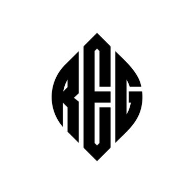 Çember ve elips şekilli REG daire harf logosu tasarımı. Tipografik şekilli REG elips harfleri. Üç baş harf daire şeklinde bir logo oluşturuyor. REG Çember Amblemi Soyut Monogram Harf İşaretleyici Vektörü.