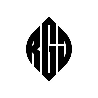 Çember ve elips şekilli RGJ daire harf logosu tasarımı. Typographic tarzında RGJ elips harfleri. Üç baş harf daire şeklinde bir logo oluşturuyor. RGJ Çember Amblemi Soyut Monogram Harf İşaretleyici Vektörü.