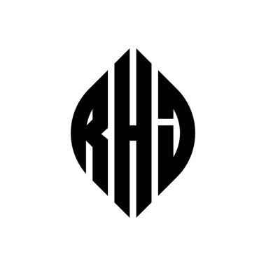 RHJ daire şeklinde ve elips şekilli harf logosu tasarımı. RHJ elips harfleri tipografik tarzda. Üç baş harf daire şeklinde bir logo oluşturuyor. RHJ Çember Amblemi Soyut Monogram Harf İşaretleyici Vektörü.