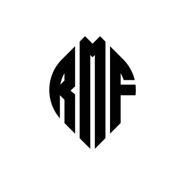 Çember ve elips şekilli RMF daire harf logosu tasarımı. RMF elips harfleri tipografik tarzda. Üç baş harf daire şeklinde bir logo oluşturuyor. RMF Çember Amblemi Soyut Monogram Harf İşaretleyici Vektörü.