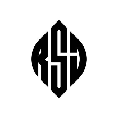 Çember ve elips şekilli RSJ daire harf logosu tasarımı. Typographic tarzında RSJ elips harfleri. Üç baş harf daire şeklinde bir logo oluşturuyor. RSJ Çember Amblemi Soyut Monogram Harf İşaretleyici Vektörü.