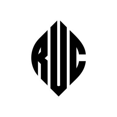 Çember ve elips şekilli RUC daire harf logosu tasarımı. Typographic tarzında RUC elips harfleri. Üç baş harf daire şeklinde bir logo oluşturuyor. RUC Çemberi Amblemi Soyut Monogram Harf İşaretleme Vektörü.