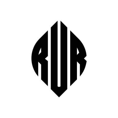 Çember ve elips şekilli RUR daire harf logosu tasarımı. Typographic biçimli RUR elips harfleri. Üç baş harf daire şeklinde bir logo oluşturuyor. RUR Çemberi Amblemi Soyut Monogram Harf İşaretleme Vektörü.