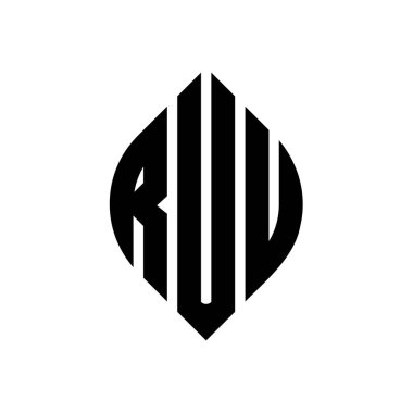 RUU daire harf logosu dizaynı. Çember ve elips şeklinde. DBC elips harfleri tipografik tarzda. Üç baş harf daire şeklinde bir logo oluşturuyor. RUU Çember Amblemi Soyut Monogram Harf İşaretleme Vektörü.