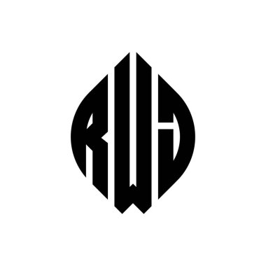 Çember ve elips şekilli RWJ daire harf logosu tasarımı. Typographic tarzında RWJ elips harfleri. Üç baş harf daire şeklinde bir logo oluşturuyor. RWJ Çember Amblemi Soyut Monogram Harf İşaretleyici Vektörü.