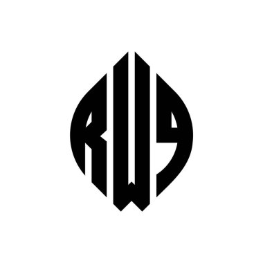 Çember ve elips şekilli RWQ daire harf logosu tasarımı. Typographic tarzında RWQ elips harfleri. Üç baş harf daire şeklinde bir logo oluşturuyor. RWQ Çemberi Amblemi Soyut Monogram Harf İşaretleyici Vektörü.