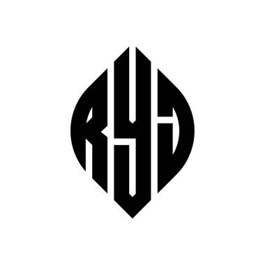 RYJ daire şeklinde ve elips şekilli harf logosu tasarımı. Typographic tarzında RYJ elips harfleri. Üç baş harf daire şeklinde bir logo oluşturuyor. RYJ Çember Amblemi Soyut Monogram Harf İşaretleyici Vektörü.