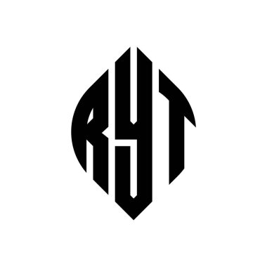 Çember ve elips şekilli RYT daire harf logosu tasarımı. Typographic tarzında RYT elips harfleri. Üç baş harf daire şeklinde bir logo oluşturuyor. RYT Çember Amblemi Soyut Monogram Harf İşaretleyici Vektörü.