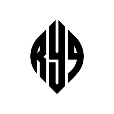 Çember ve elips şekilli RYQ daire harf logosu tasarımı. Typographic tarzında RYQ elips harfleri. Üç baş harf daire şeklinde bir logo oluşturuyor. RYQ Çember Amblemi Soyut Monogram Harf İşaretleyici Vektörü.