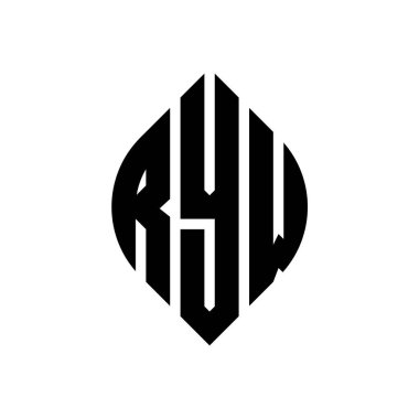 Çember ve elips şekilli RYW daire harf logosu tasarımı. Typographic tarzı RYW elips harfleri. Üç baş harf daire şeklinde bir logo oluşturuyor. RYW Çember Amblemi Soyut Monogram Harf İşaretleyici Vektörü.
