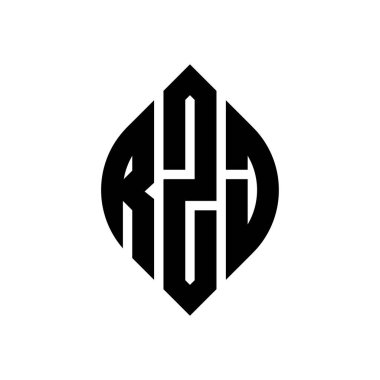 Çember ve elips şekilli RZJ daire harf logosu tasarımı. Typographic tarzında RZJ elips harfleri. Üç baş harf daire şeklinde bir logo oluşturuyor. RZJ Çember Amblemi Soyut Monogram Harf İşaretleyici Vektörü.