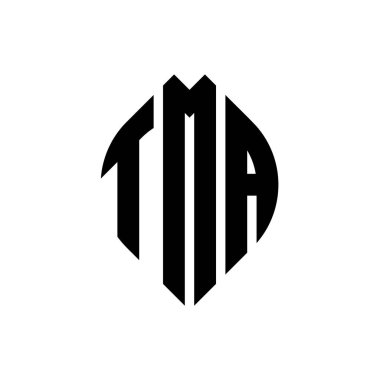 Çember ve elips şekilli TMA daire harf logosu tasarımı. Tipografik biçimli TMA elips harfleri. Üç baş harf daire şeklinde bir logo oluşturuyor. TMA Çemberi Amblemi Soyut Monogram Harf İşaretleme Vektörü.