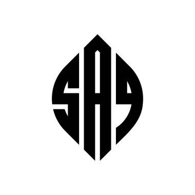 Çember ve elips şekilli SAQ daire harf logosu tasarımı. SAQ elips harfleri tipografik tarzda. Üç baş harf daire şeklinde bir logo oluşturuyor. SAQ Çemberi Amblemi Soyut Monogram Harf İşaretleyici Vektörü.