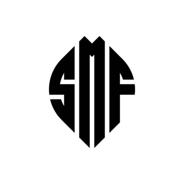 Çember ve elips şekilli SMF daire harf logosu tasarımı. Tipografik biçimli SMF elips harfleri. Üç baş harf daire şeklinde bir logo oluşturuyor. SMF Çember Amblemi Soyut Monogram Harf İşaretleyici Vektörü.