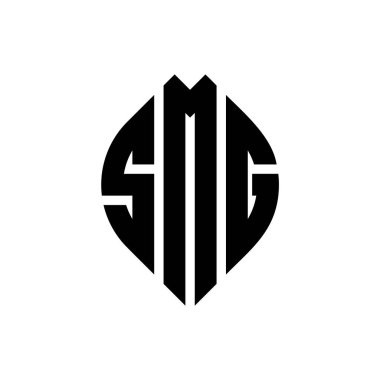 Çember ve elips şekilli SMG daire harf logosu tasarımı. Tipografik biçimli SMG elips harfleri. Üç baş harf daire şeklinde bir logo oluşturuyor. SMG Çember Amblemi Soyut Monogram Harf İşaretleyici Vektörü.