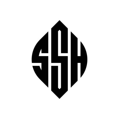 Çember ve elips şekilli SSH daire harf logosu tasarımı. Tipografik biçimli SSH elips harfleri. Üç baş harf daire şeklinde bir logo oluşturuyor. SSH Çember Amblemi Soyut Monogram Harf İşaretleyici Vektörü.