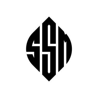 Çember ve elips şekilli SSM daire harf logosu tasarımı. Tipografik biçimli SSM elips harfleri. Üç baş harf daire şeklinde bir logo oluşturuyor. SSM Çember Amblemi Soyut Monogram Harf İşaretleyici Vektörü.