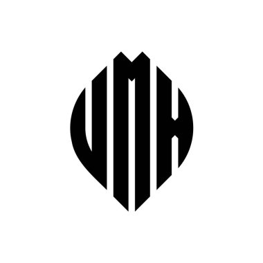 Çember ve elips şekilli UMX daire harf logosu tasarımı. Tipografik biçimli UMX elips harfleri. Üç baş harf daire şeklinde bir logo oluşturuyor. UMX Çember Amblemi Soyut Monogram Harf İşaretleyici Vektörü.