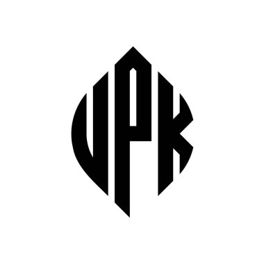 Çember ve elips şekilli UPK daire harf logosu tasarımı. Tipografik biçimli UPK elips harfleri. Üç baş harf daire şeklinde bir logo oluşturuyor. UPK Çember Amblemi Soyut Monogram Harf İşaretleyici Vektörü.