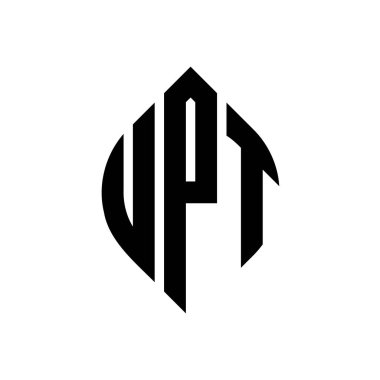 Çember ve elips şekilli UPT daire harf logosu tasarımı. Tipografik biçimli UPT elips harfleri. Üç baş harf daire şeklinde bir logo oluşturuyor. UPT Çember Amblemi Soyut Monogram Harf İşaretleyici Vektörü.