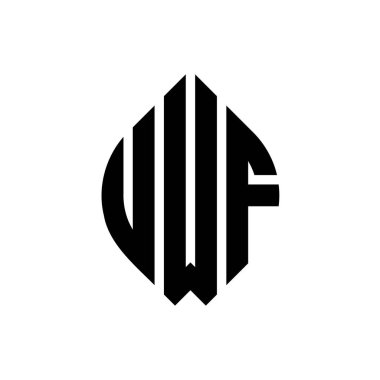 Çember ve elips şekilli UWF daire harf logosu tasarımı. Tipografik biçimli UWF elips harfleri. Üç baş harf daire şeklinde bir logo oluşturuyor. UWF Çember Amblemi Soyut Monogram Harf İşaretleyici Vektörü.