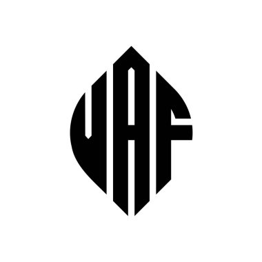 Çember ve elips şekilli VAF daire harf logosu tasarımı. Tipografik biçimli VAF elips harfleri. Üç baş harf daire şeklinde bir logo oluşturuyor. VAF Çember Amblemi Soyut Monogram Harf İşaretleyici Vektörü.