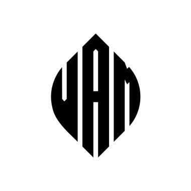 Çember ve elips şekilli VAM daire harf logosu tasarımı. Tipografik şekilli VAM elips harfleri. Üç baş harf daire şeklinde bir logo oluşturuyor. VAM Çemberi Amblemi Soyut Monogram Harf İşaretleme Vektörü.
