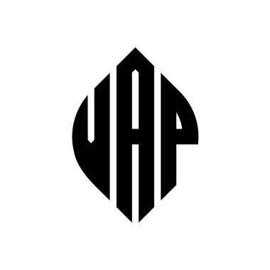 Çember ve elips şekilli VAP daire harf logosu tasarımı. Tipografik biçimli VAP elips harfleri. Üç baş harf daire şeklinde bir logo oluşturuyor. VAP Çember Amblemi Soyut Monogram Harf İşaretleyici Vektörü.