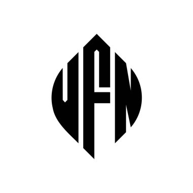 Çember ve elips şekilli VFN daire harf logosu tasarımı. Tipografik biçimli VFN elips harfleri. Üç baş harf daire şeklinde bir logo oluşturuyor. VFN Çember Amblemi Soyut Monogram Harf İşaretleyici Vektörü.