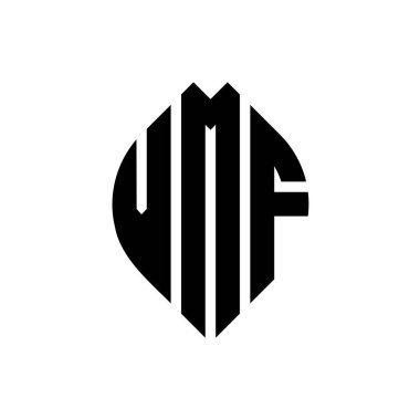 Çember ve elips şekilli VMF daire harf logosu tasarımı. Tipografik biçimli VMF elips harfleri. Üç baş harf daire şeklinde bir logo oluşturuyor. VMF Çember Amblemi Soyut Monogram Harf İşaretleyici Vektörü.