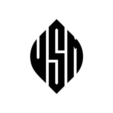 Çember ve elips şekilli VSM daire harf logosu tasarımı. Tipografik biçimli VSM elips harfleri. Üç baş harf daire şeklinde bir logo oluşturuyor. VSM Çember Amblemi Soyut Monogram Harf İşaretleyici Vektörü.