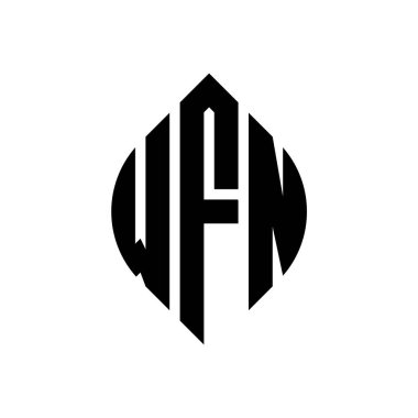 Çember ve elips şekilli WFN daire harf logosu tasarımı. Tipografik şekilli WFN elips harfleri. Üç baş harf daire şeklinde bir logo oluşturuyor. WFN Çember Amblemi Soyut Monogram Harf İşaretleyici Vektörü.