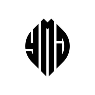 Çember ve elips şekilli YMJ daire harf logosu tasarımı. YMJ elips harfleri tipografik tarzda. Üç baş harf daire şeklinde bir logo oluşturuyor. YMJ Çember Amblemi Soyut Monogram Harf İşaretleyici Vektörü.