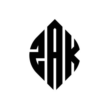 Çember ve elips şekilli ZAK daire harf logosu tasarımı. Typographic tarzında ZAK elips harfleri. Üç baş harf daire şeklinde bir logo oluşturuyor. ZAK Çemberi Amblemi Soyut Monogram Harf İşaretleme Vektörü.
