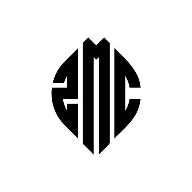 Çember ve elips şekilli ZMC daire harf logosu tasarımı. Tipografik biçimli ZMC elips harfleri. Üç baş harf daire şeklinde bir logo oluşturuyor. ZMC Çember Amblemi Soyut Monogram Harf İşaretleyici Vektörü.