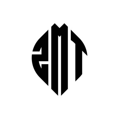 Çember ve elips şekilli ZMT daire harf logosu tasarımı. Tipografik biçimli ZMT elips harfleri. Üç baş harf daire şeklinde bir logo oluşturuyor. ZMT Çember Amblemi Soyut Monogram Harf İşaretleyici Vektörü.