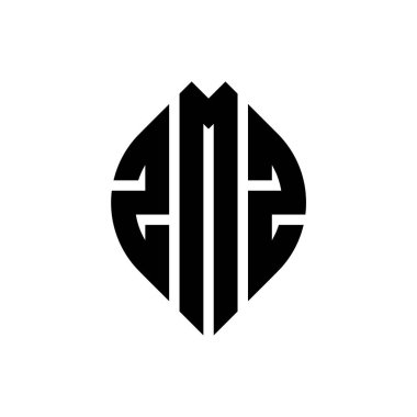 Çember ve elips şekilli ZMZ daire harf logosu tasarımı. Tipografik biçimli ZMZ elips harfleri. Üç baş harf daire şeklinde bir logo oluşturuyor. ZMZ Çember Amblemi Soyut Monogram Harf İşaretleyici Vektörü.