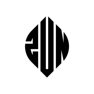 Çember ve elips şekilli ZUN daire harf logosu tasarımı. Typographic tarzında ZUN elips harfleri. Üç baş harf daire şeklinde bir logo oluşturuyor. ZUN Çemberi Amblemi Soyut Monogram Harf İşaretleme Vektörü.