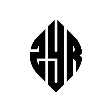Çember ve elips şekilli ZYR daire harf logosu tasarımı. Typographic tarzında ZYR elips harfleri. Üç baş harf daire şeklinde bir logo oluşturuyor. ZYR Çember Amblemi Soyut Monogram Harf İşaretleyici Vektörü.