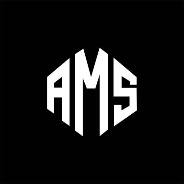 Çokgen şekilli AMS harf logosu tasarımı. AMS çokgen ve küp şeklinde logo tasarımı. AMS altıgen vektör logosu beyaz ve siyah renkler. AMS monogramı, iş ve emlak logosu.