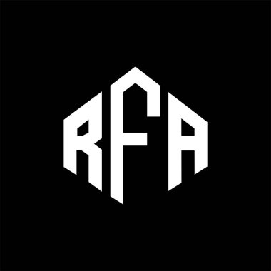 RFA letter logo design with polygon shape. RFA polygon and cube shape logo design. RFA hexagon vector logo template white and black colors. RFA monogram, business and real estate logo.