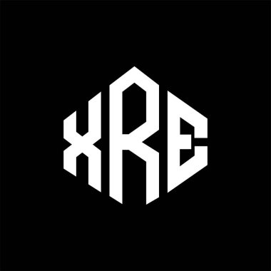 XRE letter logo design with polygon shape. XRE polygon and cube shape logo design. XRE hexagon vector logo template white and black colors. XRE monogram, business and real estate logo.