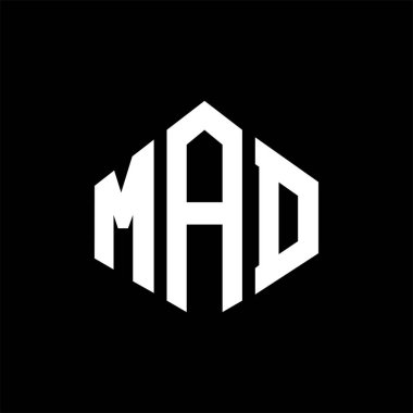 MAD letter logo design with polygon shape. MAD polygon and cube shape logo design. MAD hexagon vector logo template white and black colors. MAD monogram, business and real estate logo.