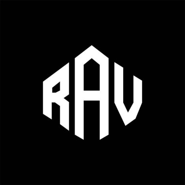 RAV letter logo design with polygon shape. RAV polygon and cube shape logo design. RAV hexagon vector logo template white and black colors. RAV monogram, business and real estate logo.