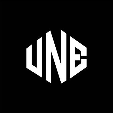 UNE letter logo design with polygon shape. UNE polygon and cube shape logo design. UNE hexagon vector logo template white and black colors. UNE monogram, business and real estate logo.