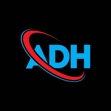 ADH logosu. ADH mektubu. ADH harf logosu tasarımı. Çember ve büyük harfli monogram logosuna bağlı ADH logosu. Teknoloji, iş ve emlak markası için ADH tipografisi.