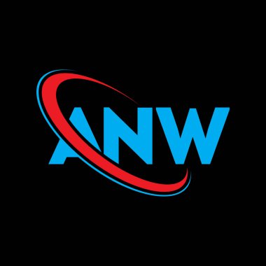 ANW logosu. ANW mektubu. ANW harfli logo tasarımı. Çember ve büyük harfli monogram logosuna bağlı ANW logosu. ANW teknoloji, iş ve emlak markası tipografisi.