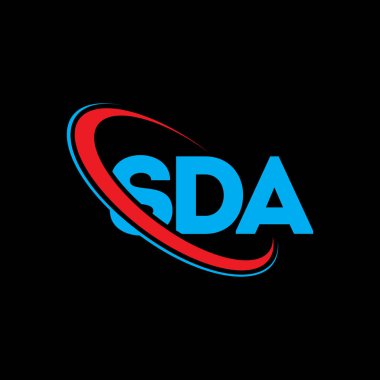 SDA logosu. SDA mektubu. SDA mektup logosu tasarımı. Çember ve büyük harfli monogram logosuna bağlı ilk SDA logosu. Teknoloji, iş ve emlak markası için SDA tipografisi.