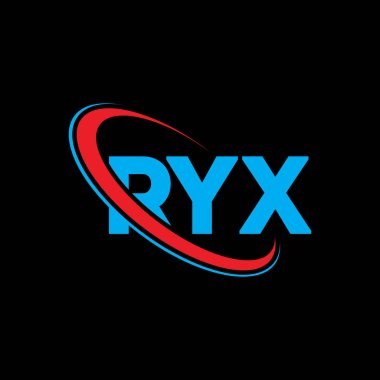 RYX logosu. RYX mektubu. RYX harfli logo tasarımı. Daireye ve büyük harfli monogram logosuna bağlı baş harfler RYX logosu. Teknoloji, iş ve emlak markası için RYX tipografisi.